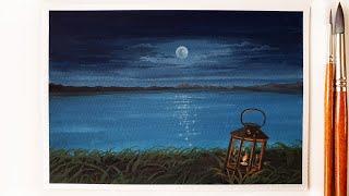 Moonlight Night Landscape Painting with Gouache