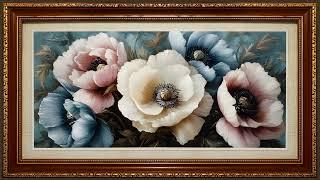 Large Peony Flowers, Still Life Oil Painting | Gold Framed Art Screensaver for TV