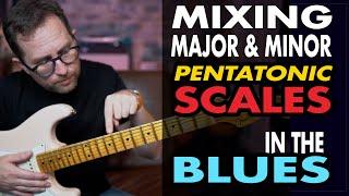 Ideas for mixing the major & minor pentatonic scales. Play this blues by yourself on guitar - EP437