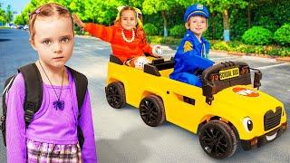 Alex rides on school bus and helps his friends get to school