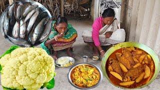 SMALL FISH CURRY And CAULIFLOWER CURRY cooking and eating by our tribe grandma&mother||