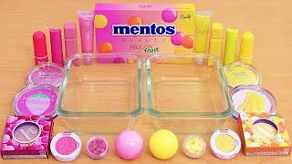 Pink vs Yellow - Mentos Mixed Fruit Slime - Mixing Makeup Eyeshadow Into Slime ASMR