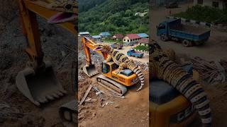 Evolution from a giant gecko on an excavator to a crocodile on a rock in the river