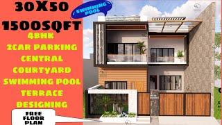 30X50 HOUSE PLAN | 4BHK|1500 SQFT| CENTRAL COURTYARD| SWIMMING POOL |WEST FACING|SHELTER ARCHITECTS|