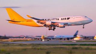 (4K) DHL/Kalitta air 747-400F beautiful morning arrival and close-up take off at Leipzig airport