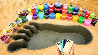 Experiment: iPhone 16 vs Balls & big Coca-Cola in Cement Foot pit, Fanta, Chupa Chups and Mentos