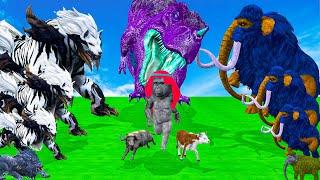 Giant Tiger wolf Attacks Mokey Chase Cow Cartoon Buffalo Gorilla Saved By Woolly Mammoth Elephant