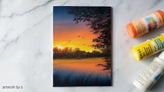 How to Draw a Sunset Lake | Easy Acrylic Painting Tutorial for Beginners | Mini Canvas Painting