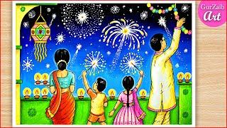 How to Draw Diwali Drawing / Indian festival poster making / Diwali Scenery painting