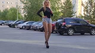 Granate styling, walking in public, sightseeing #Astana, #Kazakhstan, denim shorts, high heels