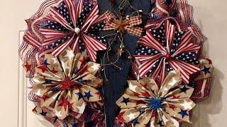 How to make a pancake wreath with pin wheel ribbon Patriotic Rustic wreath