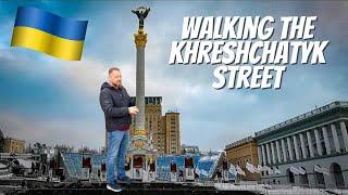 Walk through main street of KYIV Ukraine. Khreshchatyk Street.