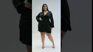 Glamorous plus size  models lifestyle curvy woman  in black liandra dress style. fashion beauty.