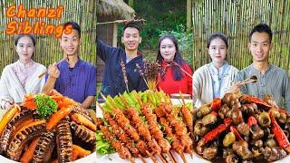 Mukbang Eating Challenge China|Village Food Cooking Fishing|Chanzi Siblings Make BBQ Eel Recipe