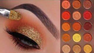 Warm Orange Glitter Eye Makeup Tutorial/Glittery Orange With Smokey Winged Eye Makeup Tutorial