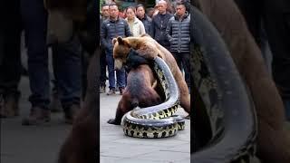 Grizzly bear fights giant python, everyone just stands and watches, no one helps