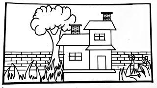 House Scenery Drawing  | Ghar ka Chitra | Simple House scenery drawing