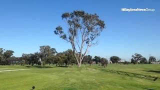 Footgolfer Julian Nash hits the inaugural tee shot at the Poplar Creek #footgolf course in San Mateo