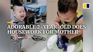 2-year-old boy doing housework for mother melts hearts on social media