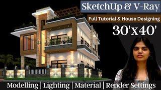 Exterior House Design with SketchUp with V-ray | Modelling | Lighting | Material | Render Settings