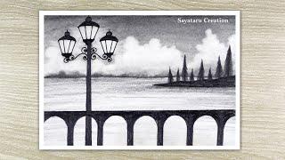 How to draw a Scenery of Evening, Lamp Post Scenery Pencil Sketch