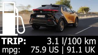 2024 Toyota C-HR 2.0l Hybrid trip with fuel consumption economy test sub-urban city mpg l/100 km HEV