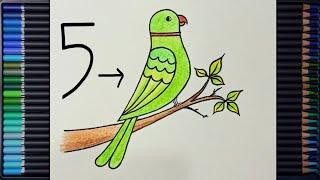 How to Draw a Parrot From 5 Number | Easy Parrot Drawing With Colour Step By Step