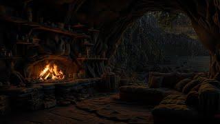 Deep Sleep in a Cozy Rainy Cave with Thunder and Bonfire Sounds for Stress Relief and Peaceful Rest