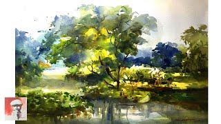 Plein Air Watercolor Painting Demo | Trees and Water Reflection In Watercolor Demo Shahanoor Mamun