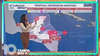 Tracking the Tropics: Tropical Depression 19 expected to spend more time over land, making it weaker