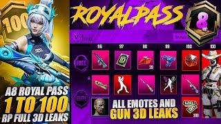 Finally  A8 Royal Pass 1 To 100 Rp Full 3d Leaks | All Emotes In 3d | All Weapon Skins | Pubgm