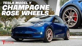 New Look for Model Y!  21" TY115 Lightweight Forged Tesla Wheels in Champagne Rose & Titanium Lugs