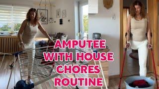 Amputee woman | adaptive crutches user life: keeping house chores routine.