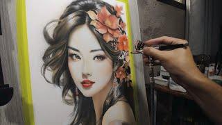 Airbrush Painting Geisha | Watercolor Painting Exercise