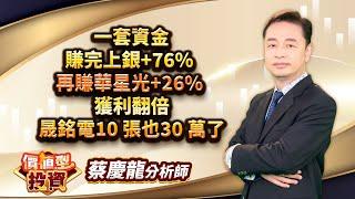 中視【價值型投資】20250109#蔡慶龍：一套資金 賺完上銀+76%  再賺華星光+26%  獲利翻倍 晟銘電10 張也30 萬了#中視 #中視新聞 #蔡慶龍 #價值型投資 #摩爾證券投顧