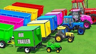 TRANSPORTING SMALL & BIG TRACTORS! BOX TRAILER & SUNFLOWER TRANSPORT TO MUDDY GARAGE! FS22