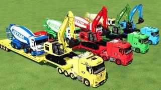 TRANSPORTING EXCAVATOR, CEMENT TRUCK, MIXER TRUCK TO GARAGE WITH MAN TRUCK! FS22 ! TRUCK OF COLORS