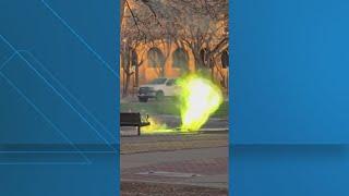 Explosion at substation causes green and yellow flames to burst out of man  hole at Texas Tech