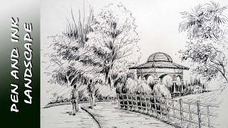 Pen & Ink Landscape Sketching Tutorial beginners @ArtEWorld [2016]  पेन एंड इंक लैंडस्केप स्केचिंग