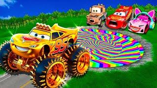 Rainbow Pit Transform In Big & Small:McQueen Golden & Mater vs  Pixar Cars! Beam.NG Drive!