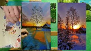 Зимний рассвет маслом полное видио|winter landscape oil|Oil Painting Time Lapse