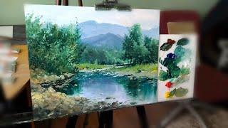 How to paint mountain landscape. Mountain river oil painting