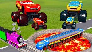 LONG CARS vs SPEEDBUMPS - Big & Small: Mcqueen Monster Truck vs Thomas Trains -BeamNG.Drive