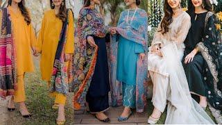 Printed dupatta with Plain suit || trendy plain dresses with printe dupatta designs ideas ||