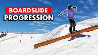 Front Boardslide Snowboard Trick Progression - Easy Boxes to Down Rails
