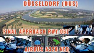 DUSSELDORF (DUS): Pilots + cockpit views of a nice Airbus 320  final approach and landing Runway 05L