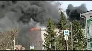 The roof of a shopping center in Ishim, Tyumen region, Russia is on fire