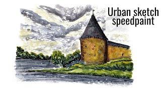 Urban sketching in ink and watercolor full process / Painting medieval fortress with dramatic sky