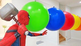 Spider Man Popping Giant Balloons!