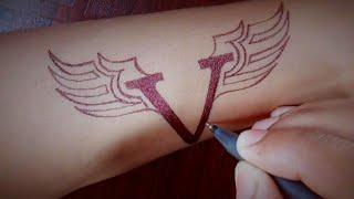 V letter tattoo with wings || letter V tattoo design | V name ka tattoo